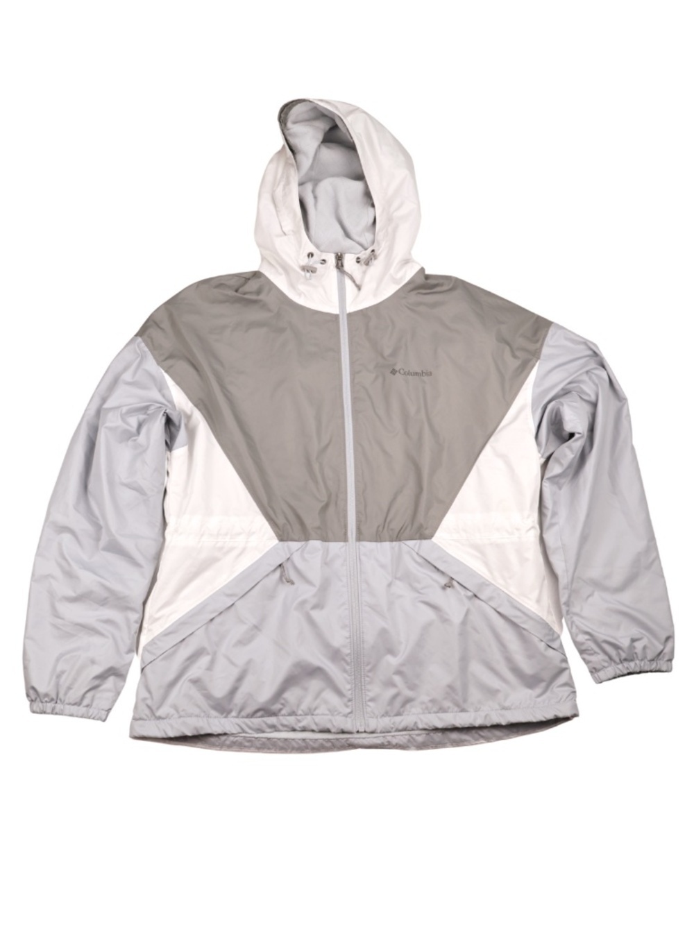 Columbia Hooded Windbreaker Jacket Large Gray Cream Fleece Lined Zip Up